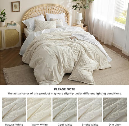 Bedsure Boho Comforter Set Twin - Beige Tufted Bedding Comforter Set, 2 Pieces Farmhouse Shabby Chic Embroidery Bedding Set, Soft Geometric Pattern Comforter for All Seasons
