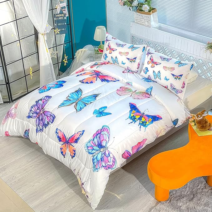 CVHOUSE Bedding Set, Queen, Butterfly Design for Girls Kids Teens, 1 Comforter and 2 Pillow Cases