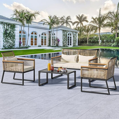 YITAHOME Patio Furniture Wicker Outdoor Bistro Set, 4-Piece All Weather Rattan Conversation Loveseat for Backyard, Balcony and Deck with Wooden Armrest, Gray Cushions and Metal Coffee Table