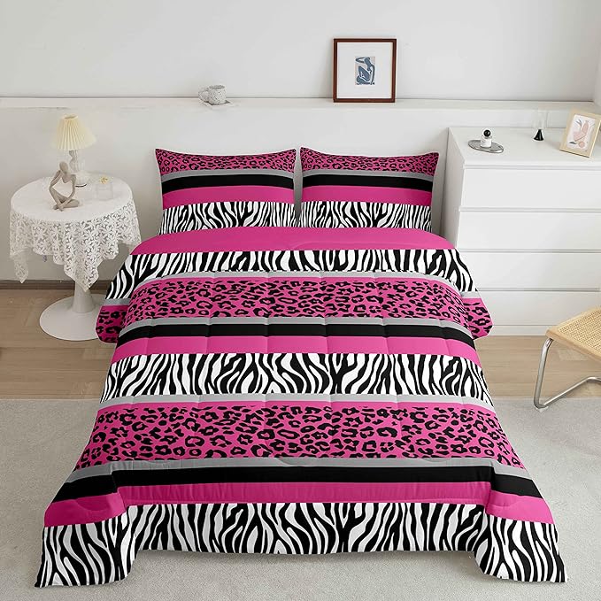 Zebra Stripes Comforter Leopard Print Comforter Set For Kids Boys Girls Pink Black White Zebra Leopard Fur Bedding Set Ultra Soft Decor Wild Animal Skin Texture Pattern Duvet Set Twin Size Quilt Set