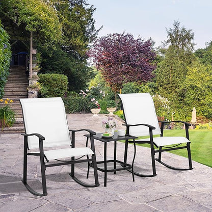 Shintenchi 3 Piece Rocking Bistro Set, Outdoor Furniture with Rocker Chairs and Glass coffee table set of 3, Balcony, Porch Furniture for Small Space, White