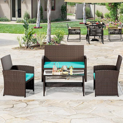YITAHOME Patio Furniture Wicker Outdoor Bistro Set, 4-Piece All Weather Rattan Conversation Loveseat for Backyard, Balcony and Deck w/Soft Cushions and Metal Coffee Table (Brown+Blue)
