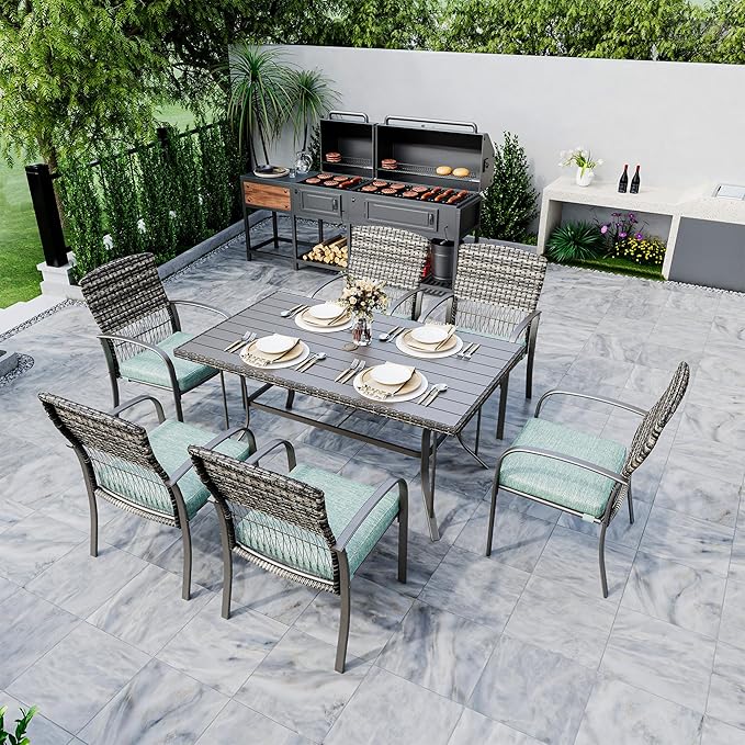 Pamapic Patio Dining Table Set, Outdoor Dining Set 7 Piece, Outdoor Wicker Furniture Set with Removable Cushions for Backyard Garden Deck/Iron Slats Table Top(Green)