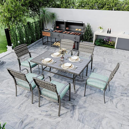 Pamapic Patio Dining Table Set, Outdoor Dining Set 7 Piece, Outdoor Wicker Furniture Set with Removable Cushions for Backyard Garden Deck/Iron Slats Table Top(Green)