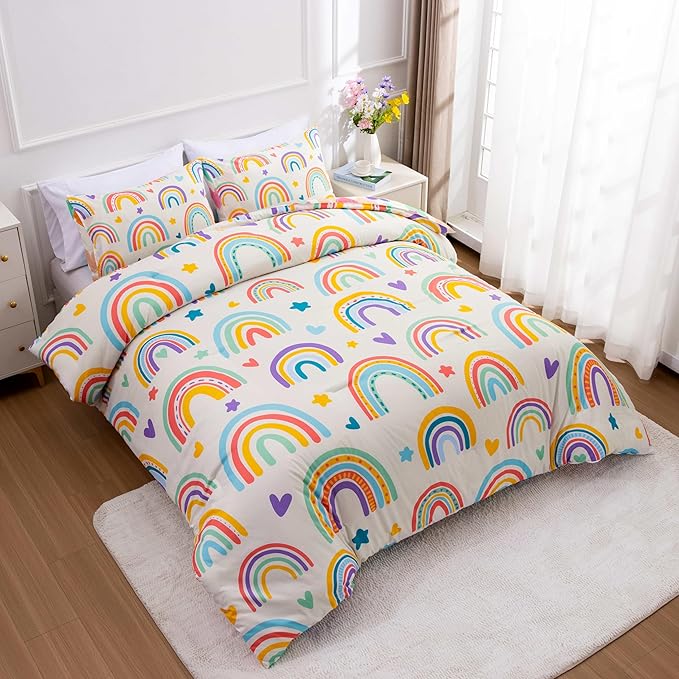 Btargot 3 Piece Kids Rainbow Comforter Set with 2 Pillow Covers, Cartoon Love Hearts Suns and Stars Bedding Set for Girls Boys Kids, Full Beige