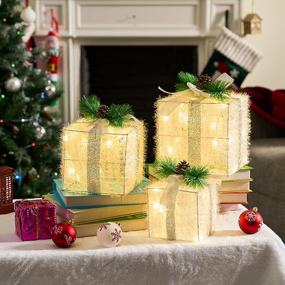 Joiedomi Christmas Lighted Gift Boxes, Christmas Decorations Set of 3, Light up Present Boxes, 60 LED Warm White Lights for Indoor Holiday Décor, Christmas Eve Night Décor