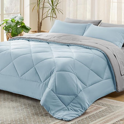 Bedsure Sky Blue Full Size Comforter Set - 7 Pieces Reversible Full Bed in a Bag Full Bed Set with Comforters, Sheets, Pillowcases & Shams, Full Bedding Sets