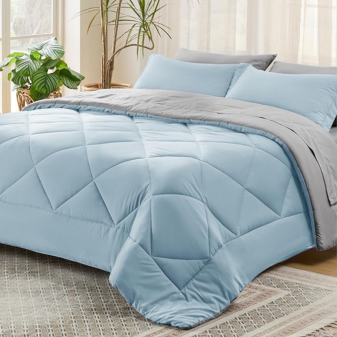 Bedsure Sky Blue California King Size Comforter Set - 7 Pieces Reversible Cal King Bed in a Bag Bed Set with Comforters, Sheets, Pillowcases & Shams, California King Bedding Sets