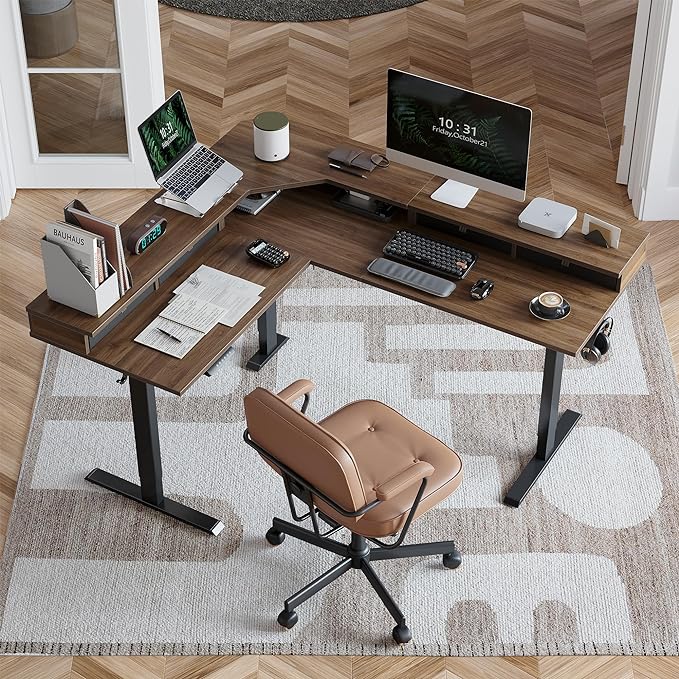 FEZIBO 63" L Shaped Standing Desk with 4 Drawers, Electric Standing Gaming Desk Adjustable Height, Corner Stand up Desk with Splice Board, Black Frame/Black Walnut Top