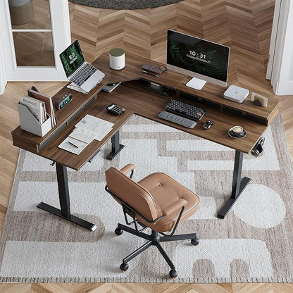 FEZIBO 63" L Shaped Standing Desk with 4 Drawers, Electric Standing Gaming Desk Adjustable Height, Corner Stand up Desk with Splice Board, Black Frame/Black Walnut Top