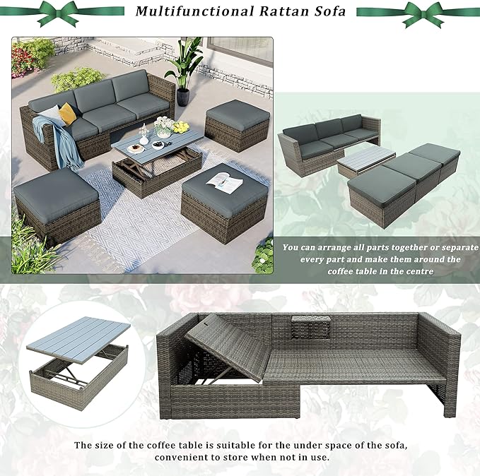 5 Pieces Patio Furniture Sets All Weather Wicker Rattan Sectional Sofa Outdoor Conversation with Adustable Backrest, Cushions, Ottomans and Lift Top Coffee Table for Poolside, Garden, Backyard