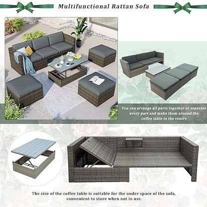 5 Pieces Outdoor Patio Sectional Sofa Couch, PE Wicker Furniture Conversation Sets with Adustable Backrest & Washable Cushions & Ottomans & Glass Coffee Table for Garden, Poolside, Backyard