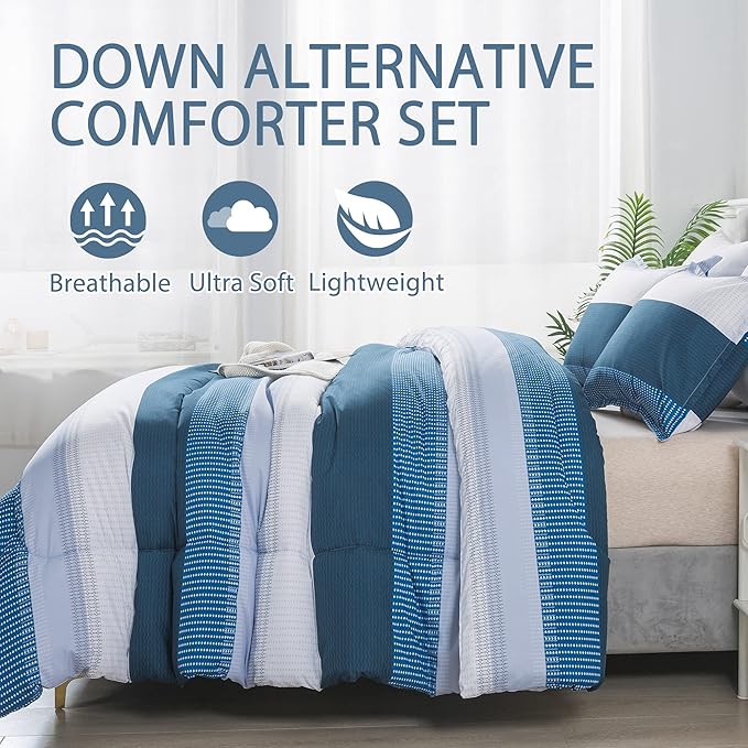 Andency Stripe Comforter Set King Size (104x90 Inch), 3 Pieces Navy Patchwork Striped Comforter, Soft Microfiber Down Alternative Comforter Bedding Set with Corner Loops