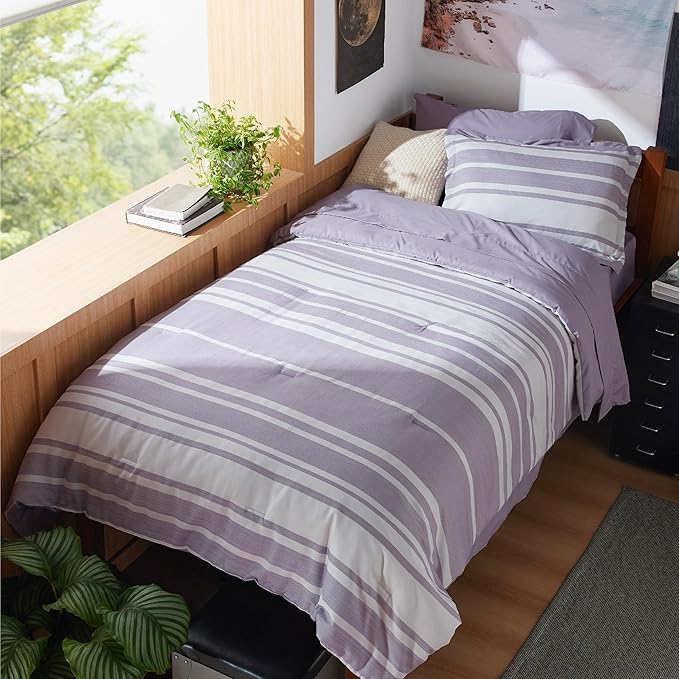 Bedsure Twin XL Comforter Set, Extra Long 5 Pieces Purple Striped Twin XL Bedding Sets, All Season Dorm Room Essentials with 1 Pillow Sham, Flat Sheet, Fitted Sheet and 1 Pillowcase