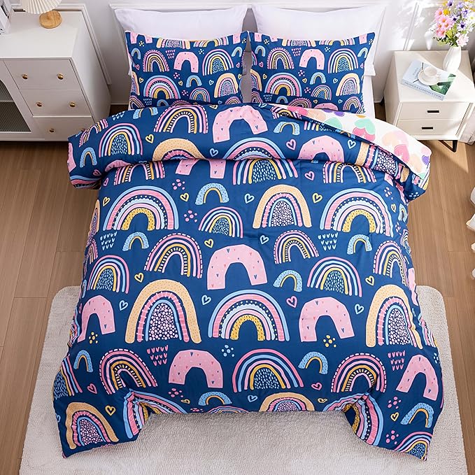 Btargot Lightweight Soft 3 Piece Rainbow Comforter Set with 2 Pillow Covers, Cartoon Love Hearts Suns and Stars Bedding Set for Girls Boys Kids, Queen Dark Blue