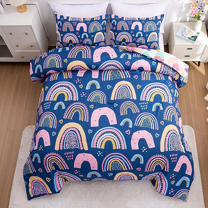 Btargot Lightweight Soft 3 Piece Rainbow Comforter Set with 2 Pillow Covers, Cartoon Love Hearts Suns and Stars Bedding Set for Girls Boys Kids, Queen Dark Blue