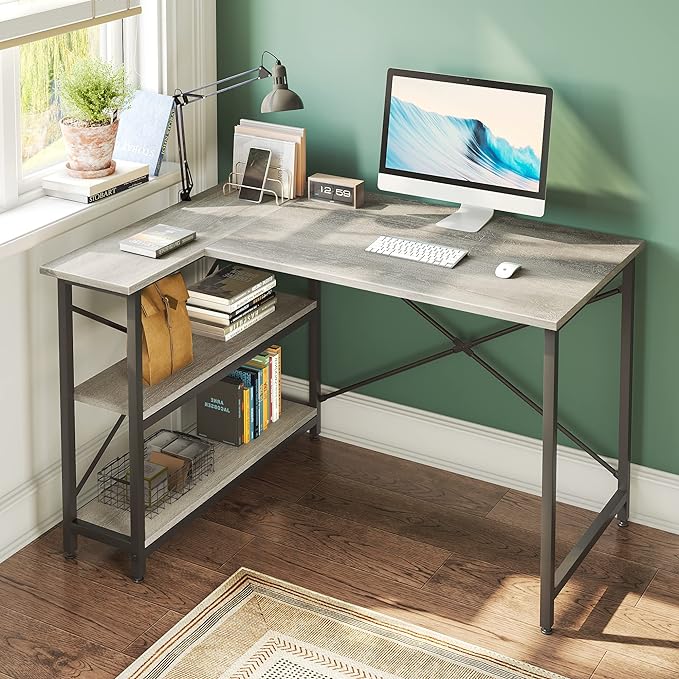 Bestier Small L Shaped Desk with Shelves 47 Inch Reversible Corner Computer Desk Writing Gaming Storage Table for Home Office Small Space, Gray Oak