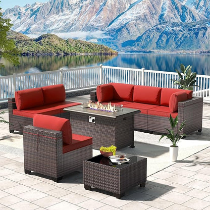 Kullavik 8 Pieces Outdoor Patio Furniture Set with 43" 55000BTU Gas Propane Fire Pit Table PE Wicker Rattan Sectional Sofa Patio Conversation Sets,Red