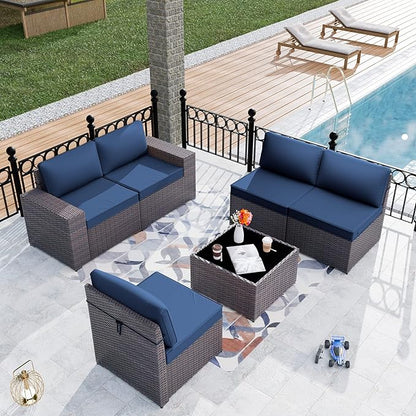 Patio Furniture Set Sofa 6pcs Wicker Sectional Sofa Set, Outdoor Furniture Rattan Patio Conversation Set with Thickened Cushions and Glass Coffee Table, Dark Blue