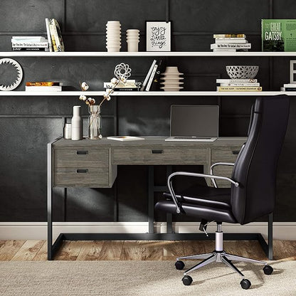 SIMPLIHOME Hampden SOLID ACACIA WOOD Modern Industrial 60 Inch Wide Desk in Weathered Grey, For the Office Desk, Writing Table, Workstation and Study Table
