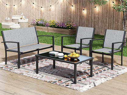 Greesum 4 Pieces Patio Furniture Set, Outdoor Conversation Sets for Patio, Lawn, Garden, Poolside with A Glass Coffee Table, Gray