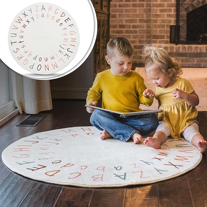 ABC Rug for Kids Room | 40 Inch Round Alphabet Rug with Capital and Lowercase Letters | ABC Boho Classroom Rug for Alphabet Learning