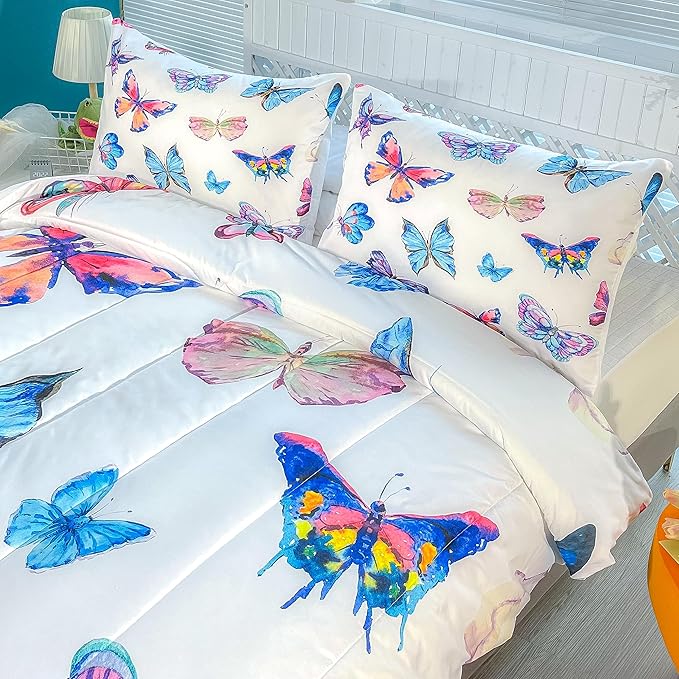 CVHOUSE Bedding Set, Queen, Butterfly Design for Girls Kids Teens, 1 Comforter and 2 Pillow Cases
