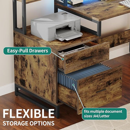 YITAHOME L Shaped Desk with Power Outlets & Hutch, Computer Desk with Drawers & LED Lights, Reversible Corner Office Desk with Printer Stand for Home Office, Rustic Brown