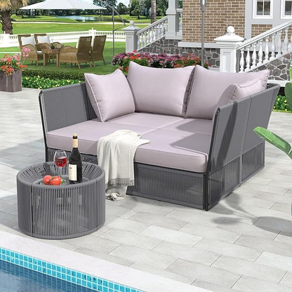 2-Piece Sunbed and Coffee Table, Patio Double Chaise Lounger Loveseat Daybed Outdoor Furniture Set for Backyard Poolside Lawn Balcony, Full, Ac-Grey