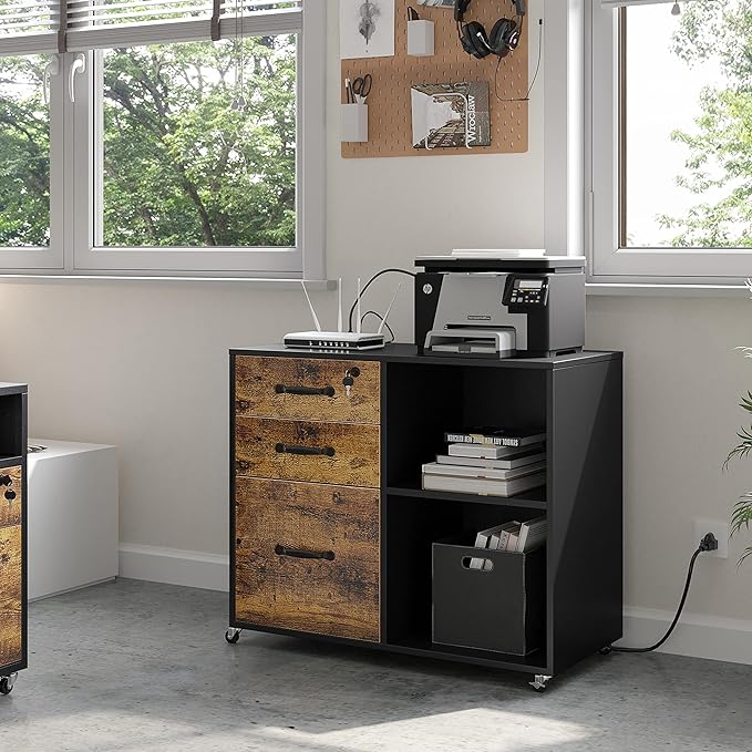Yaheetech Filing Cabinet with Charging Station, Lateral File Cabinets Printer Stand with 3 Drawers, for Home and Office Black/Rustic Brown