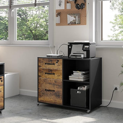 Yaheetech Filing Cabinet with Charging Station, Lateral File Cabinets Printer Stand with 3 Drawers, for Home and Office Black/Rustic Brown