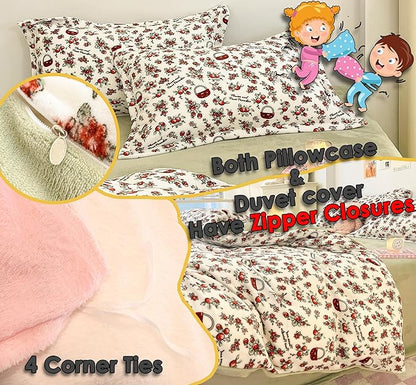 MorroMorn Queen Duvet Cover, Red Cherries Floral Bedding Sets, Plush Fluffy Comforter Covers Set, Down Alternative Blanket Ultra Soft Kawaii Cute for Girls Kids Teen Women Full Double Size