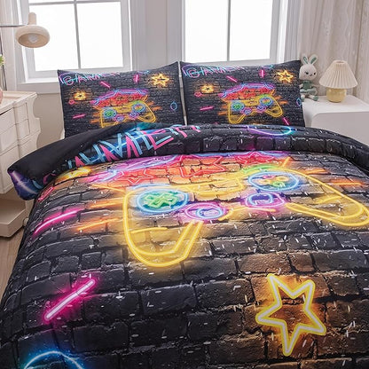 Boys Full Size Bedding Set, Gaming Comforter Sets for Boys, Gamer Bedding Sets for Boys Teens, Neon Kids Bedding Set, Gaming Room Decor for Boys Bedroom(1 Comforter +2 Pillowcases)