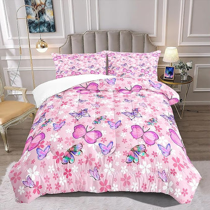 Kids Butterfly Comforter Set - Butterfly Queen Bedding Set Pink Butterflies Prints Bedding Set for Girls Room Cute Princess Bedding Set for All Season Butterfly Bed Set, 1 Comforter + 2 Pillowcases