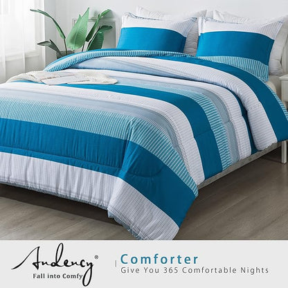 Andency Stripe Comforter Set King Size (104x90 Inch), 3 Pieces Teal Patchwork Striped Comforter, Soft Microfiber Down Alternative Comforter Bedding Set with Corner Loops