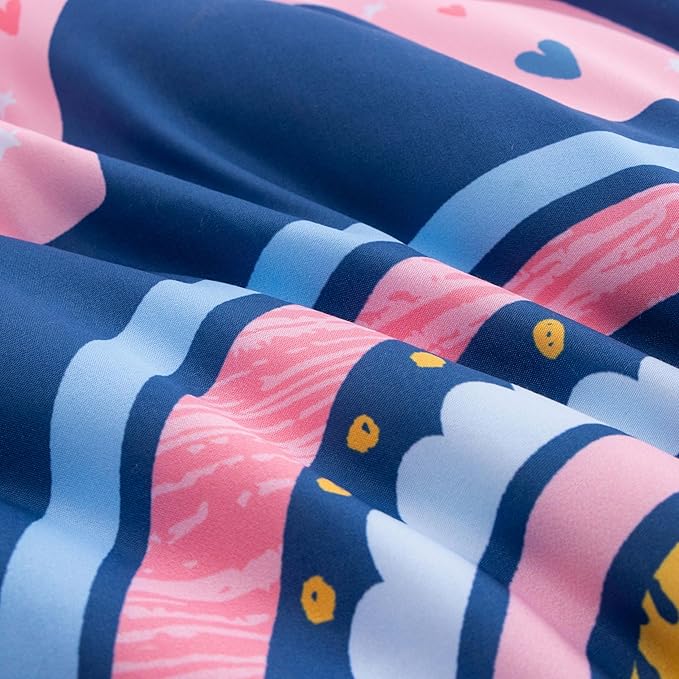 Btargot Lightweight Soft 3 Piece Rainbow Comforter Set with 2 Pillow Covers, Cartoon Love Hearts Suns and Stars Bedding Set for Girls Boys Kids, Full Dark Blue
