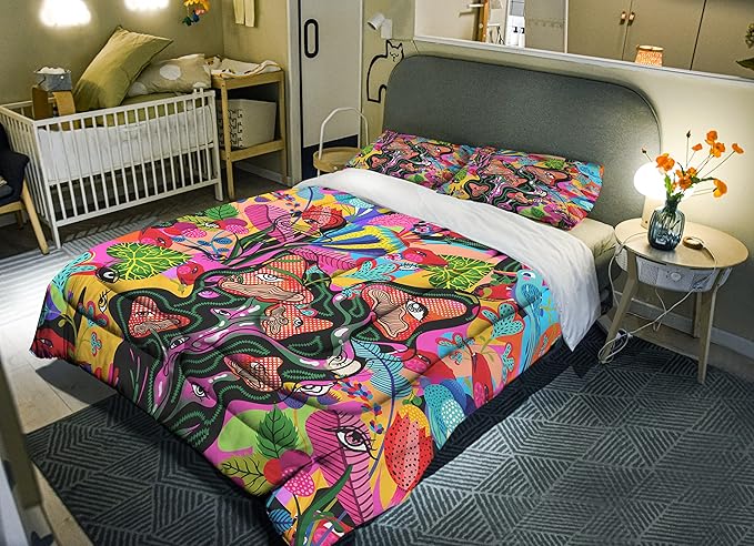 Sunnycitron Kids Comforter set Queen size Colorful Mushroom Comforter Sets Mandala Mushroom Bedding Hippie Bed Comforter Set - Fade Resistant (1 Comforter + 2 Pillowcases)