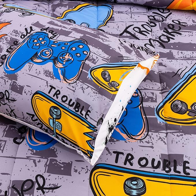 Btargot Gaming Stone Pattern Comforter Set for Boys Girls Kids, 3 Pieces Reversible Skateboard Game Console Flame Painting Bedding Set, Grey Full