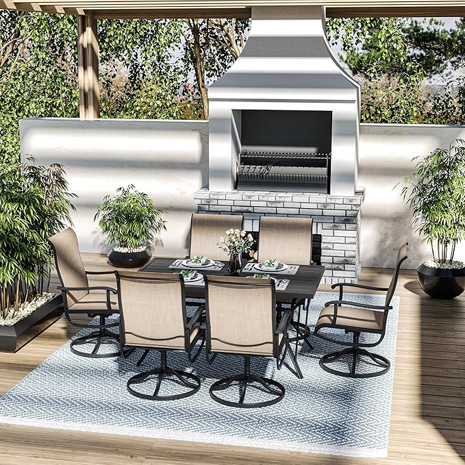 Pamapic 7 Pieces Patio Dining Set, Outdoor Dining Set for Garden Backyard Poolside Deck,Outdoor Table and Chairs Set with 6 Textilene Swivel Chairs,Beige