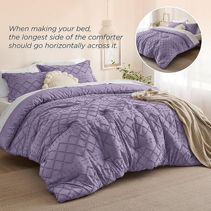 Bedsure King Size Comforter Set - Grayish Purple Comforter, Boho Tufted Shabby Chic Bedding Comforter Set, 3 Pieces Farmhouse Bed Set for All Seasons, Fluffy Soft Bedding Set with 2 Pillow Shams