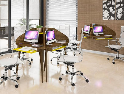 Manhattan Comfort Bradley Mid Century Modern Home Office Floating Cubicle Section Study Desk, 2 Piece, Rustic Brown/Yellow