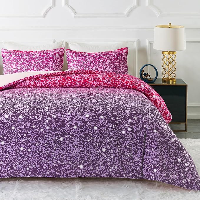 Litanika Galaxy Comforter Full(79x90lnch), 3 Pieces(1 Purple Glitter Ombre Comforter, 2 Pillowcases), 3D Colorful Rainbow Bedding Set, Microfiber Comforter Set for Kid Boy Girl Teen