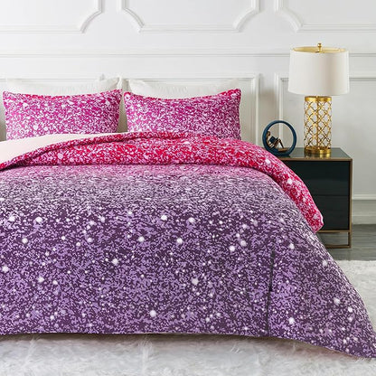 Litanika Galaxy Comforter Full(79x90lnch), 3 Pieces(1 Purple Glitter Ombre Comforter, 2 Pillowcases), 3D Colorful Rainbow Bedding Set, Microfiber Comforter Set for Kid Boy Girl Teen