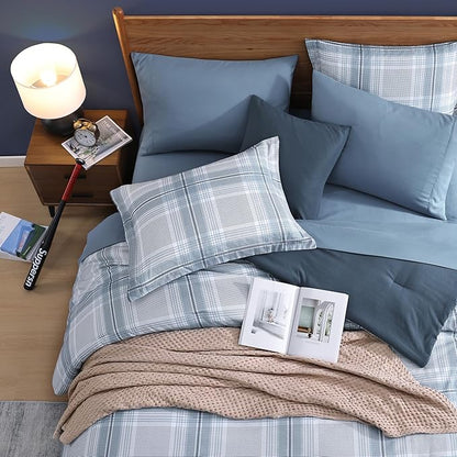 Blue King Size Comforter, Dorm Plaid Light Blue King Bedding Set Homestead-style King Size Bed Set for Bedroom (Light Blue,King,102"*90")