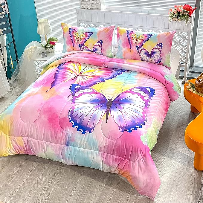 CVHOUSE Butterfly Bedding Set,Butterfly Comforter Full,Butterfly Comforter Set for Girls Kids Teens,Butterflies Quilt Set with 1 Comforter and 2 Pillow Cases