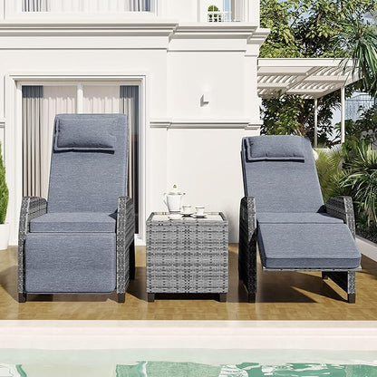 Patio Furniture Sets 3 Piece Outdoor, PE Wicker Rattan 2-Person ConversationSets with Adjustable Backrest Recliner Lounge Chairs and Coffee Table, Comforty Cushions, for Lawn Balcony, Gray