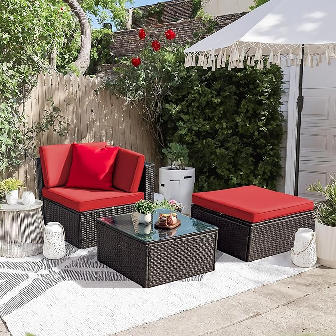 Greesum 3 Piece Patio Conversation Set Wicker Rattan Furniture Outdoor Sofa with Cushions,Pillows & Glass Table for Porch,Lawn and Yard, Red