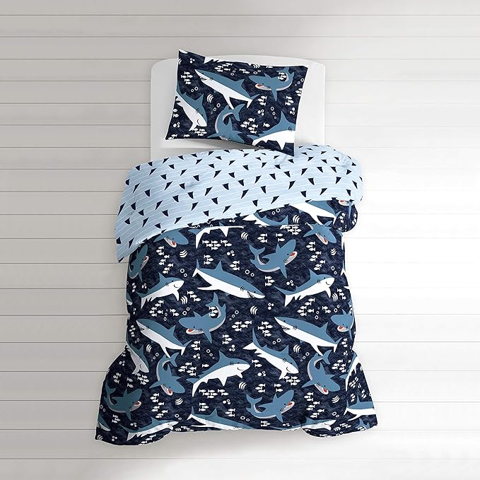 Dream Factory Sharks Boys Twin Size Boys Bedding Set Cotton Kids Comforter Set with Sham, 2 Piece, Twin, Navy
