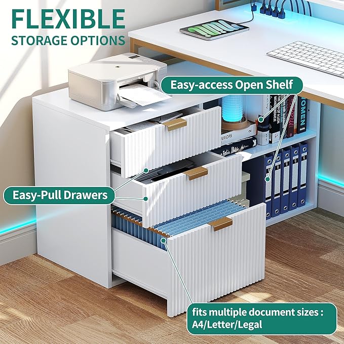 YITAHOME L Shaped Desk with Drawers, 55" Corner Computer Desk with Power Outlets & LED Lights, Large L-Shaped Office Desk with File Cabinet, White & Gold