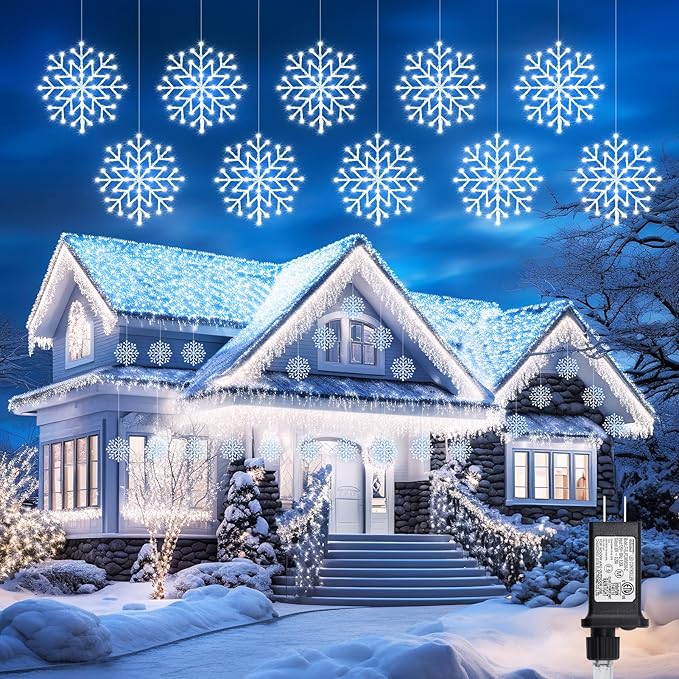 Brightown 2 Pack Christmas Snowflake Icicle Lights Outdoor - Plug-in 23.6ft 10 Drops 480LED Snowflake Window Lights, Connectable for Indoor Outdoor Porch Eaves Rooftops Christmas Decoration